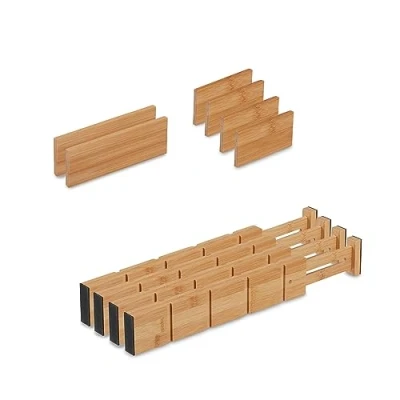 Imagen de Relaxdays Pack Separadores de Cajones L, Set 10, Largo Ajustables 34 a 44 cm, Bambú, Cocina, Natural, Silicona, 6 x 2 cm