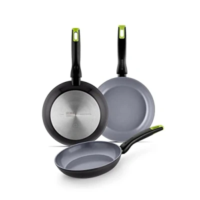 Imagen de MONIX Eco Nature Set de sartenes 18 22 26 cm, aluminio forjado reciclado, cerámica antiadherente reforzada, apta para todo tipo cocina e inducción