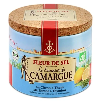 Imagen de Le Saunier de Camargue Sal, Flor Sel, Limón y Tomillo Sal para condimentos, Caja Redonda, 125g