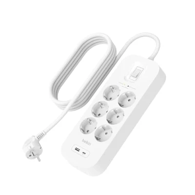 Imagen de Belkin regleta Enchufe USB con protección contra sobretensiones de 6 enchufes CA,Montaje en Pared, Cable 2m, indicador LED Estado, 1 Puerto A y C PD Carga rápida, 650 Julios