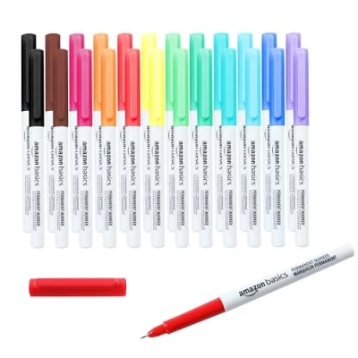 Imagen de Amazon Basics Rotuladores permanentes con punta ultrafina, Colores surtidos, paquete de 24