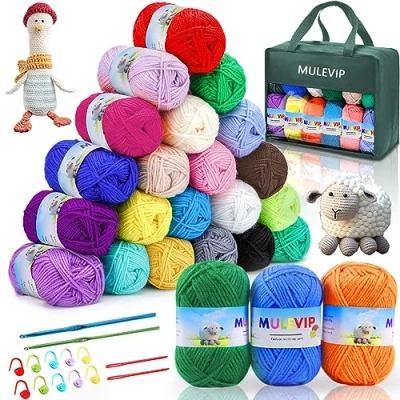 Imagen de MULEVIP Ovillos de Lana para Tejer 24 Colores, Hilo Algodon Crochet con Ganchos Ganchillo Hebillas Marcadoras Agujas Sutura, DIY Tejido