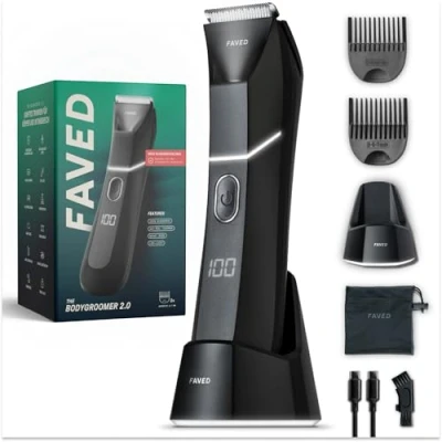 Imagen de FAVED The Bodygroomer 2.0 Máquina de afeitar íntima y recortadora vello corporal con cuchilla seguridad revolucionaria para hombre, potencia 120 min, resistente a la ducha, luz LED,