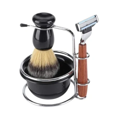 Imagen de Afeitar Set,Jadeshay 4 Pcs Kit de Afeitado Maquinilla Manual + Soporte Acero Inoxidable Brocha Juego Tazón Hombres Herramientas Limpieza