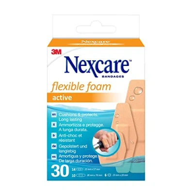 Imagen de Nexcare apósitos Active Flexible Foam, tamaños variados, 30 por paquete, transpirables e impermeables para heridas menores, rasguños, kits de primeros auxilios