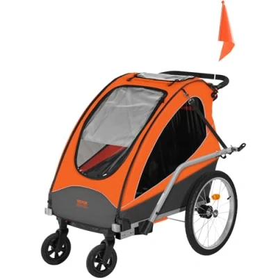 Imagen de VEVOR remorque de vélo pour Enfants, siège Double, Charge 55 kg, Porte auvent 2 en1 transformant en Poussette, Pliable Tout Petits Avec attelage universel, Orange Gris