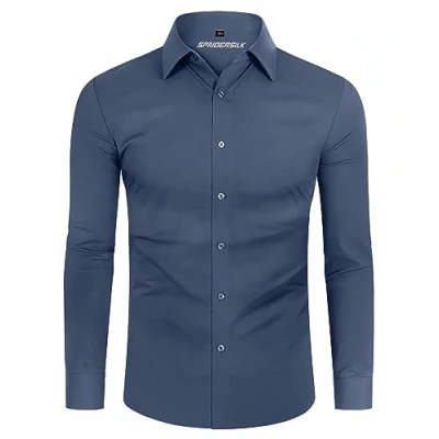 Imagen de DEMEANOR Camisa para hombre, elástica, manga larga, informal, corte ajustado, camisas de negocios, no necesita planchado, marrón, XL