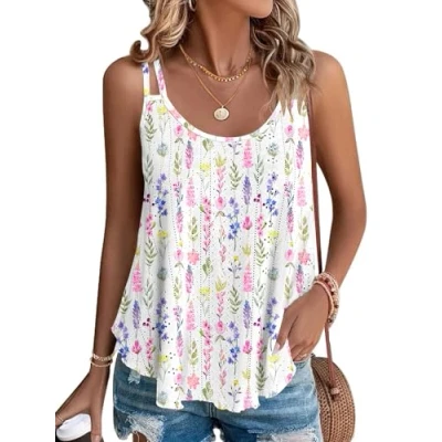 Imagen de WNEEDU Camisetas sin Mangas de Verano para Mujer Chalecos Top Loost Fit Camisas Casuales Chaleco Bordado con Ojales Blusas Cami Camisola Flor Vertical M