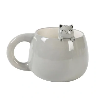Imagen de I TOTAL® taza de cerámica con animales en el borde, para té o café (GREY CAT) 450 ml