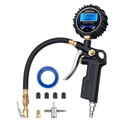 Imagen de AstroAI Compresor de aire portátil manual, con manómetro digital resolución 0.1, hasta 250 PSI, manguera goma, acoplador conexión rápida y accesorios, muy resistente