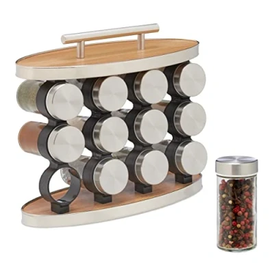Imagen de Relaxdays Especiero con 12 Botes, Dosificadores y Asa, Organizador Especias Vertical, Efecto Madera, Plateado/Marrón, 23,5 x 28 cm