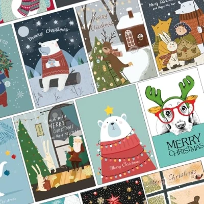 Imagen de 50 tarjetas de Navidad populares diferentes con muchos osos, sobres blancos simples