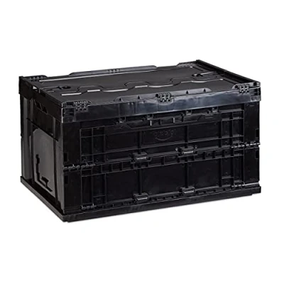Imagen de Relaxdays Pack de 8 Cajas Almacenaje Plegables con Tapa, Plástico, Negro, 32.5 x 58.5 39.5 cm