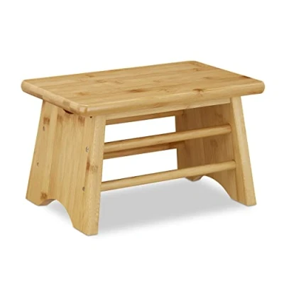 Imagen de Relaxdays Taburete de Bambú, Carga hasta 100 kg, Banqueta Robusta, Infantil, para Baño, Puf, 20 x 33 21,5 cm, Natural