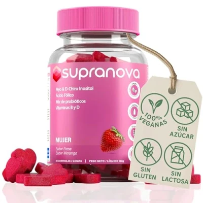 Imagen de Gominolas de Inositol alta concentración para mejorar la salud hormonal femenina (60 gummies). Gomitas con D Chiro y Myo Inositol, ácido fólico probióticos. Sin azúcar 100% veganas