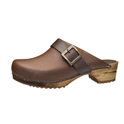 Imagen de Sanita Urban Zuecos Abiertos Producto Artesanal Original para Mujer de Piel con Suela Madera Marrón Oscuro 41 EU