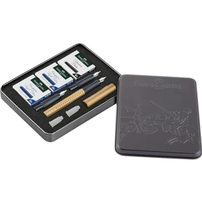 Imagen de FABER CASTELL 201518 Juego de caligrafía Grip Gold, pluma estilográfica F con plumines repuesto 1,4 mm y 1,8 mm, incluye cartuchos tinta negro azul real