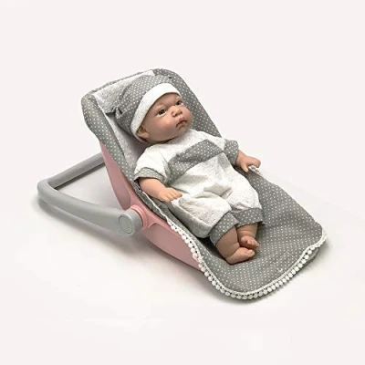 Imagen de Tachan Muñeca con Cuerpo Blando de 30 cm, en capazo y saquito bebé Gris Que emite 12 Sonidos Diferentes (781T00437)