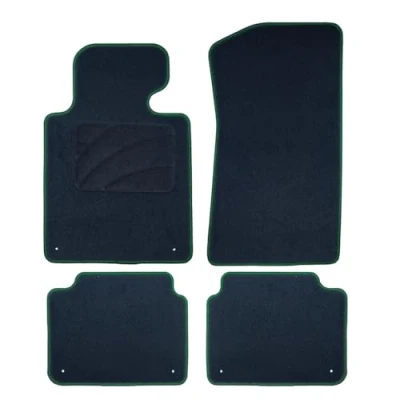 Imagen de OCC DESIGN Alfombrillas Coche, Compatibles con BMW E46 Cabrio (2000 2007), Moqueta Alta Calidad, Velour/Polipropileno, Anclaje Original, Reverso Antideslizante, Talonera, Ribete Verde, 4 Piezas