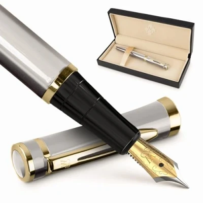 Imagen de Wordsworth &amp; Black Juego de plumas estilográficas medias, incluye 6 cartuchos tinta y un convertidor recarga tinta, estuche regalo, para caligrafía, escritura lisa, plateado dorado