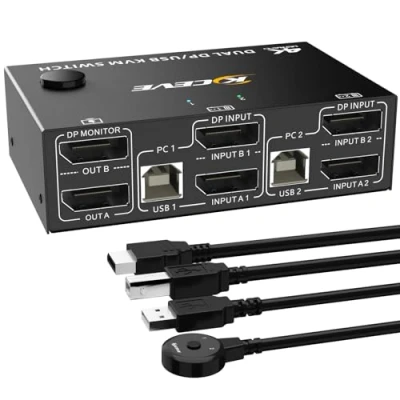Imagen de Switch KVM 2 PC monitores 8K@30Hz, DisplayPort 4K@144Hz para partes de y 4 dispositivos USB, con fuente alimentación + cable USB controlador escritorio