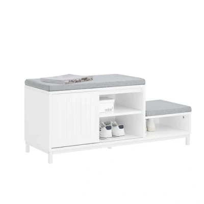 Imagen de SoBuy Banco Zapatero con 2 Estantes y 1 Puerta Corredera de Niveles Cojín Acolchado Asiento 100 x 35 45 cm Blanco FSR166 W ES