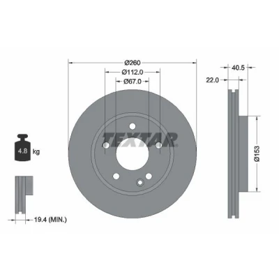 Imagen de TEXTAR PRO 92091303 Disco de freno 260 22 05/06 112 ventilación interna revestido sin perno sujeción rueda, buje rueda