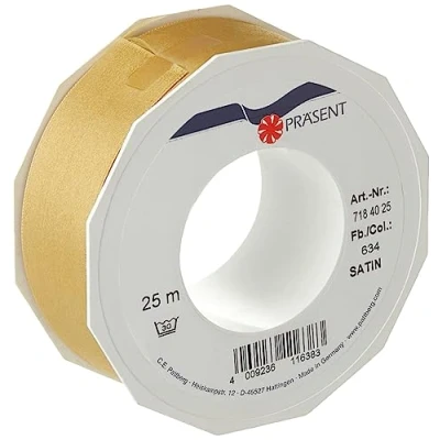 Imagen de C.E. PATTBERG PRÄSENT cinta regalo satén color oro, 25 m de raso para envolver regalos, 40 mm ancho, decoración y manualidades, decorativa versátil