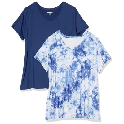 Imagen de Amazon Essentials Camiseta técnica elástica de manga corta y cuello en pico (disponible tallas grandes) Mujer, Pack 2, Azul Marino/Blanco Teñido Anudado, M