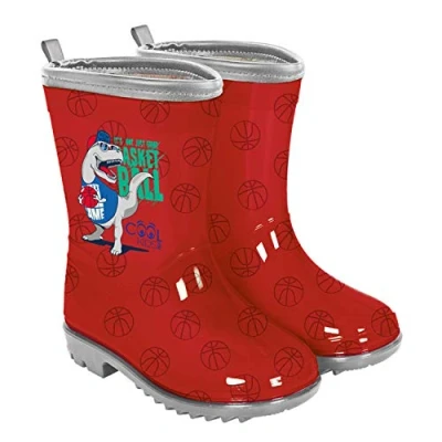 Imagen de PERLETTI Botas de Agua Niños Rojos con Dinosaurio Botines Impermeables Niño Pelotas Baloncesto Detalles Reflectantes y Suela Antideslizante 5 Tallas (Rojo, numeric_24)