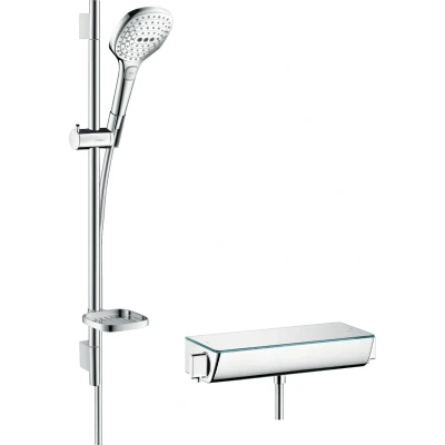 Imagen de Hansgrohe 27038400 Raindance Select E 120 combinación de set ducha y termostato, 3 tipos chorro, blanco/cromo