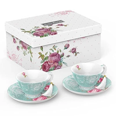 Imagen de London Boutique Juego de 2 Tazas té y platillos la Tarde, diseño Flores Vintage, 200 m (Turquesa), Porcelana, 7 cm