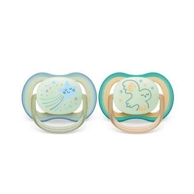 Imagen de Philips Avent Ultra Air Soother: 2 chupetes ligeros y transpirables que brillan en la oscuridad para bebés de 0 a 6 meses, sin BPA con funda transporte esterilizadora (modelo SCF376/18)