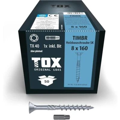 Imagen de TOX tornillos para madera TIMBR SK 8,0 x 160 mm, azul galvanizado con cabeza avellanada, TX40, 50 unidades en caja, incl. 1x broca, 1120404180160