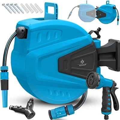 Imagen de KESSER® Enrollador de mangueras Agua Ducha mano múltiple Giratorio 180 Tapón rebobinado Montaje en la pared Caja Manguera jardín, azul 30 M