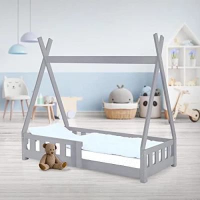 Imagen de ML Design Cama Infantil Tipi 70x140 cm con Protección Anticaída y Somier Estructura Listones de Madera Pino Maciza Color Gris Claro Forma Casa Juego Tienda Campaña para Niños
