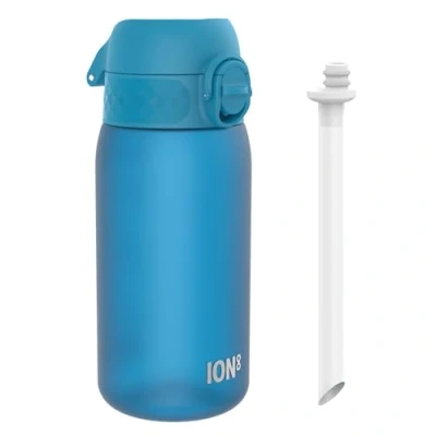 Imagen de ion8 Botellas de Agua para Niños con Pajita, 350 ml/12 oz, a Prueba Fugas, Fácil Abrir, Seguro, Apta Lavavajillas, Sin BPA, Asa Transporte, Tapa Abatible Higiénica, Limpieza, Azul