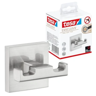 Imagen de tesa EXXCLUSIV Gancho Adhesivo Doble Montaje sin Taladrar Alta Fuerza de Fijación con Tecnología Power.Kit 50 x 80 43 mm Acero Inoxidable