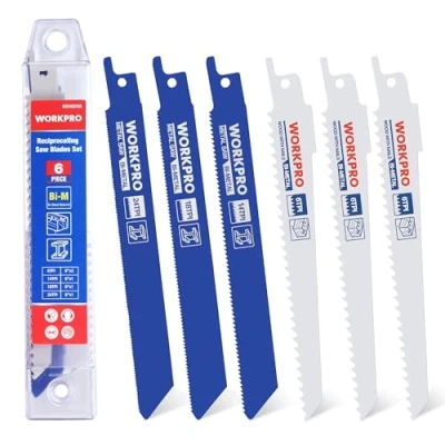 Imagen de WORKPRO Hojas de sierra sable 6 piezas, Cuchillas BIM para sable, 14/18/24/6 TPI metal y madera con caja almacenamiento