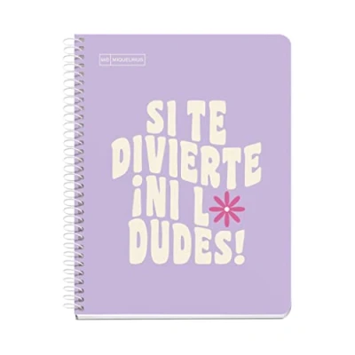 Imagen de Miquelrius Cuaderno A5, Notebook mensajes, 1 Franja de color, 100 Hojas 90 g/m², Rayado horizontal 7 mm, 2 Taladros, Cubierta cartón duro, Color lavanda