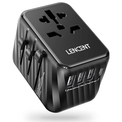 Imagen de LENCENT Adaptador Enchufe Universal para Viaje, Cargador Internacional con 3 Puertos USB A y 1 Tipo C, Europeo Móvil, Tableta, Portátil, EU/USA/UK/AU, Negro