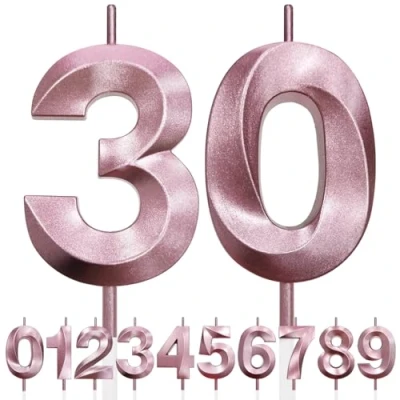 Imagen de 30th Vela de Cumpleaños con Purpurina oro rosa y Diseño 3D Número 30, Velas Números, Decoración Tarta, Tarta para Fiesta Cumpleaños, Aniversario Boda,