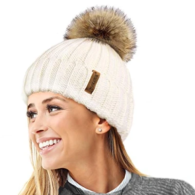 Imagen de TOSKATOK® Invierno de Las Mujeres Costilla Punto Hat/Beanie con Desmontable Piel Falsa Chunky Pom Bobble Cream