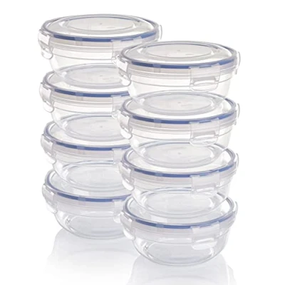 Imagen de Grizzly juego de recipientes plástico para almacenamiento alimentos, 8 con tapa, planos, redondos, apilables, aptos microondas y lavavajillas