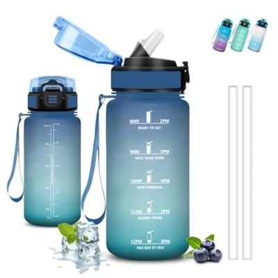 Imagen de Botella Agua Niños, 500ml, A Prueba de Fugas, Cantimplora Infantil, con Escala Tiempo, Fácil Limpiar, Pajita, para la Escuela, Cafetería, Deportes, Oficina, Acampada