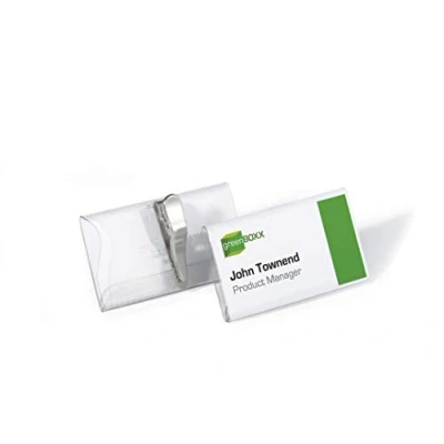 Imagen de Durable 811019 Portanombres (con pinza de cocodrilo, 40 x 75 mm) Paquete 25 piezas, transparente