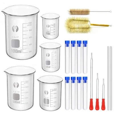 Imagen de ZEEROQOLAB 5 Piezas Vaso de Vídrio Graduado Borosilicato 1000ml/ /500ml/250ml/100ml/50ml, con 8 Tubos Ensayo Plástico, 3 Pipetas Vidrio, 2 Varillas Agitación, Cepillos Limpieza
