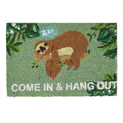 Imagen de Relaxdays Felpudo de Coco, Mensaje Come In &amp; Hang out, Estampado Perezoso, Alfombra Puerta Entrada, Verde y Marrón, 1 Unidad