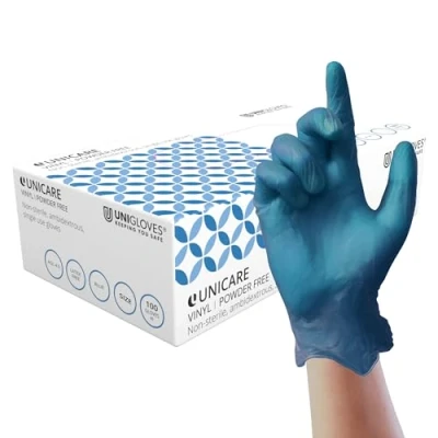 Imagen de Unigloves Unicare Guantes de examen vinilo azul desechables multiuso, sin polvo ni látex Caja 100 guantes, azul, extra grandes (GS0085)