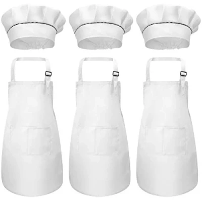 Imagen de 3 Set Niños Delantal y Gorro Cocinero, Delantales Blancos Niños, Ajustables Chef Pequeños, Hornear, Muchachas Cocina Infantil con 2 Bolsillos Para 6 a 13 Años